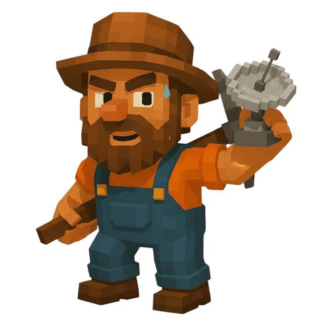 Miner holding gear part, looking cautious