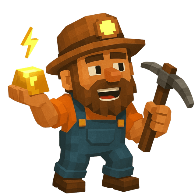 Miner excited, holding glowing nugget with lightning bolt