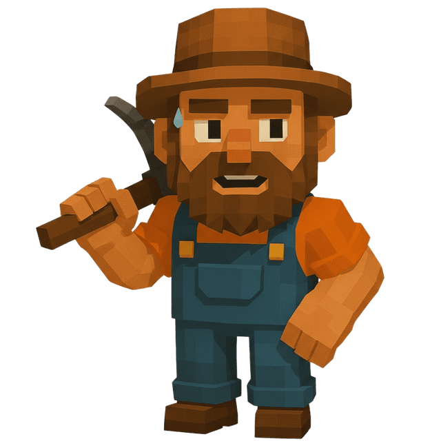 Neutral expression, holding pickaxe at side